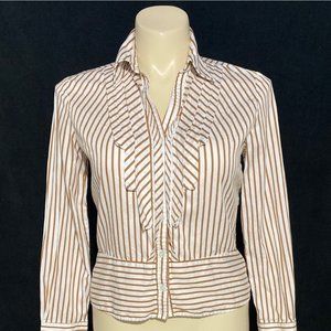 Jones New York L Button Down Shirt White Camel Brown Stripes Pleat Front Long Sl